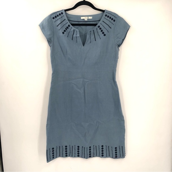 BODEN Sorrento 100% Linen Dress 8 Embroidered Applique Blue Short Sleeve WH455 - Picture 2 of 11